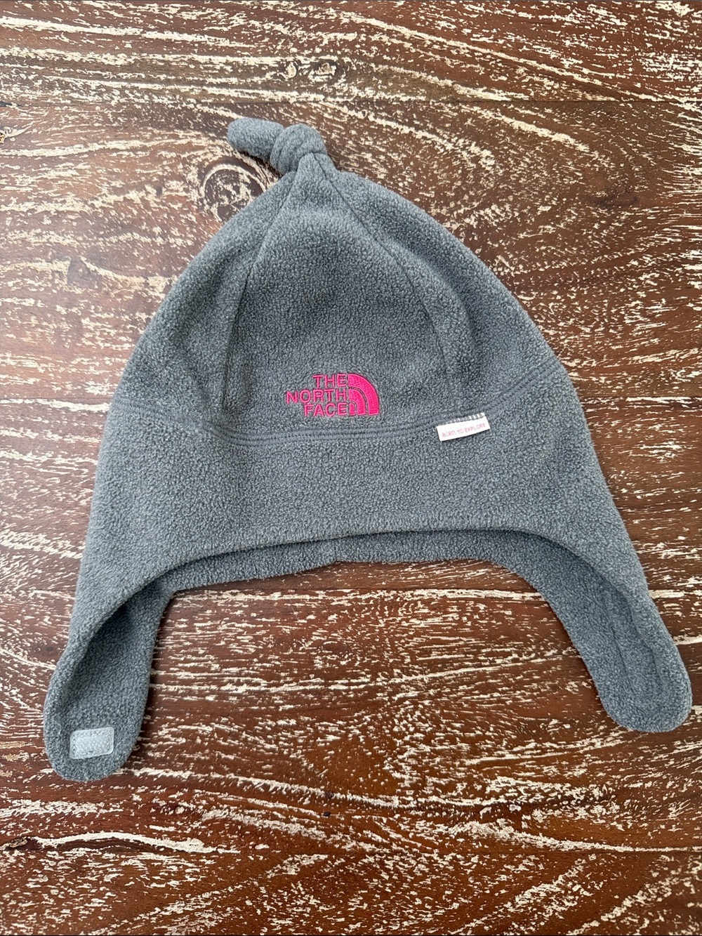 The North Face Kids Gray Fleece Earflap Hat with Pink Logo